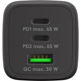 goobay USB-C Schnellladegerät Nano, PD, GaN, 65 Watt, USB-C Textilkabel schwarz, 1x USB-A, 2x USB-C PD, Quick Charge 3.0, 1 Meter Kabel