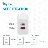 Digitus USB Charger 20W, 1x USB-C, 1x USB-A, Ladegerät weiß