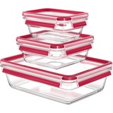 Emsa CLIP & CLOSE Glas-Frischhaltedose, 3-teiliges Set transparent/rot, rechteckig, 3 Dosen + 3 Deckel