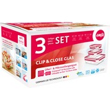 Emsa CLIP & CLOSE Glas-Frischhaltedose, 3-teiliges Set transparent/rot, rechteckig, 3 Dosen + 3 Deckel