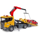 bruder 03552 Scania Super 560R Abschlepp-LKW mit Light & Sound Modul und Roadster, Modellfahrzeug 