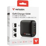 Verbatim Mini-GaN-Ladegerät 100W 4-Port, 1x USB-A , 3x USB-C schwarz, PD 3.0, QC 3.0