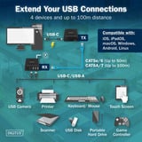 Digitus USB 3.2 Gen1 CAT Extender-Set, 5Gbps, 100 Meter, USB-Extender schwarz, Sendeeinheit + Empfängereinheit, 4 Ports: 3x USB-A, 1x USB-C