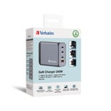 Verbatim GaN-Ladegerät 240W, 1x USB-A , 3x USB-C grau, PD 3.0, QC 3.0