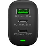 goobay USB-C Multiport-Schnellladegerät, PD, GaN, 65 Watt schwarz, 2x USB-C, 1x USB-A, Power Delivery, QuickCharge