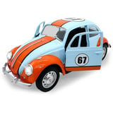 Jamara Volkswagen Classical Beetle 1967 Diecast, Modellfahrzeug hellblau/orange, Maßstab 1:28, inkl. Knopfzellen, Rückzugsmotor