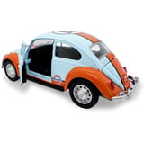 Jamara Volkswagen Classical Beetle 1967 Diecast, Modellfahrzeug hellblau/orange, Maßstab 1:28, inkl. Knopfzellen, Rückzugsmotor