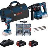 Bosch Professional 18V Profi-Set Bohrhammer GBH 18V-22 + Bohrschrauber GSR 18V-45 blau/schwarz, 2x Li-Ionen Akku 4,0Ah, Hammerbohrer- und Bit-Set, Werkzeugtasche