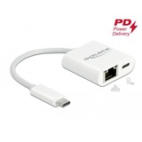 DeLOCK USB 3.2 Gen 1 Adapter, USB-C Stecker > RJ-45 Buchse + USB-C Buchse weiß, PD, Laden mit bis zu 60 Watt