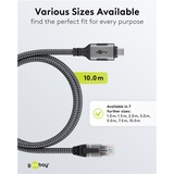 goobay Ethernet-Kabel USB-C 3.2 Gen2 Stecker > RJ-45 Stecker, LAN-Adapter schwarz/silber, 10 Meter, geflochtener Textilmantel