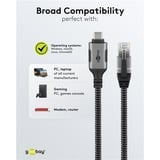 goobay Ethernet-Kabel USB-C 3.2 Gen2 Stecker > RJ-45 Stecker, LAN-Adapter schwarz/silber, 10 Meter, geflochtener Textilmantel