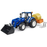 bruder 02187 BRUDER New Holland T5.120 mit Frontlader, Ladekasten, Gabeln und Rundballen, Modellfahrzeug 
