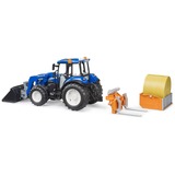 bruder 02187 BRUDER New Holland T5.120 mit Frontlader, Ladekasten, Gabeln und Rundballen, Modellfahrzeug 