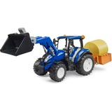bruder 02187 BRUDER New Holland T5.120 mit Frontlader, Ladekasten, Gabeln und Rundballen, Modellfahrzeug 