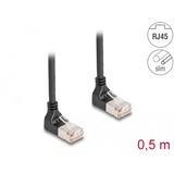 DeLOCK Patchkabel RJ-45 Cat.6a S/FTP, Slim 90° gewinkelt schwarz, 0,5 Meter, nach unten abgewinkelte Stecker