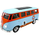 Jamara Volkswagen T1 Diecast, Modellfahrzeug hellblau/orange, Maßstab 1:30, inkl. Knopfzellen, Rückzugmotor