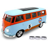 Jamara Volkswagen T1 Diecast, Modellfahrzeug hellblau/orange, Maßstab 1:30, inkl. Knopfzellen, Rückzugmotor