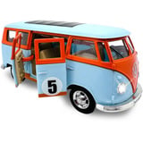 Jamara Volkswagen T1 Diecast, Modellfahrzeug hellblau/orange, Maßstab 1:30, inkl. Knopfzellen, Rückzugmotor