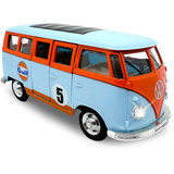 Jamara Volkswagen T1 Diecast, Modellfahrzeug hellblau/orange, Maßstab 1:30, inkl. Knopfzellen, Rückzugmotor