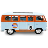 Jamara Volkswagen T1 Diecast, Modellfahrzeug hellblau/orange, Maßstab 1:30, inkl. Knopfzellen, Rückzugmotor
