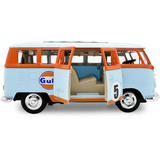 Jamara Volkswagen T1 Diecast, Modellfahrzeug hellblau/orange, Maßstab 1:30, inkl. Knopfzellen, Rückzugmotor