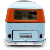 Jamara Volkswagen T1 Diecast, Modellfahrzeug hellblau/orange, Maßstab 1:30, inkl. Knopfzellen, Rückzugmotor