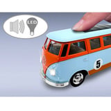 Jamara Volkswagen T1 Diecast, Modellfahrzeug hellblau/orange, Maßstab 1:30, inkl. Knopfzellen, Rückzugmotor