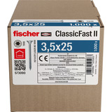 fischer Spanplattenschraube ClassicFast II 3,5x25 Senkkopf TX 1000 Stück, mit Vollgewinde, verzinkt