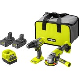 Ryobi ONE+ Akku Combo-Set R18DDAG-220S, 18Volt, Werkzeug-Set grün/schwarz, 2x Li-Ionen Akku 2,0Ah, Bohrschrauber + Winkelschleifer, Tasche