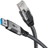 goobay Ethernet-Kabel USB-A 3.2 Gen1 Stecker > RJ-45 Stecker, LAN-Adapter schwarz/silber, 10 Meter, geflochtener Textilmantel