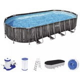 Bestway Power Steel Frame Pool-Set, 732cm x 366cm x 122cm, Schwimmbad dunkelbraun/blau, Holzdekor, mit Filterpumpe