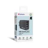 Verbatim Ladegerät 30W, 1x USB-C , 3x USB-A schwarz, PD 3.0, QC 3.0