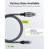goobay Ethernet-Kabel USB-A 3.2 Gen1 Stecker > RJ-45 Stecker, LAN-Adapter schwarz/silber, 1,5 Meter, geflochtener Textilmantel
