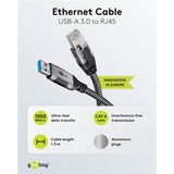 goobay Ethernet-Kabel USB-A 3.2 Gen1 Stecker > RJ-45 Stecker, LAN-Adapter schwarz/silber, 1,5 Meter, geflochtener Textilmantel