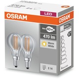 LEDVANCE OSRAM LED BASE FILAMENT CL P 40 4 W/827 E14 M2, LED-Lampe Doppelpack, ersetzt 40 Watt, Filament