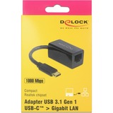 DeLOCK USB 3.2 Gen 1 Adapter, USB-C Stecker > RJ-45 Buchse schwarz, 13,5cm, Gigabit LAN 10/100/1.000 Mbit/s