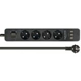DeLOCK Steckdosenleiste 4-fach, 3x USB schwarz, 1,5 Meter Kabel, Überspannungsschutz, mit Schalter