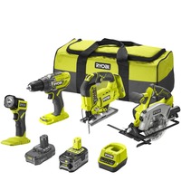 Ryobi ONE+ Akku Kombo-Kit RCK184A-252S, Werkzeug-Set grün/schwarz, 2x Li-Ionen Akku (2,0Ah + 5Ah), Bohrschrauber, 2 Sägen, LED-Leuchte, Werkzeugtasche