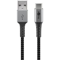 goobay USB 2.0 Kabel, USB-A Stecker > USB-C Stecker grau/silber, 2 Meter, Textilkabel mit Metallsteckern