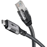goobay Ethernet-Kabel USB-C 3.2 Gen2 Stecker > RJ-45 Stecker, LAN-Adapter schwarz/silber, 1 Meter, geflochtener Textilmantel
