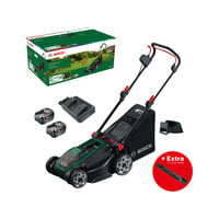 Bosch Heimwerken & Garten Akku-Rasenmäher Rotak18V2-43, 36 Volt (2x18V)+Messer+Mulch-Plug grün/schwarz, 2x Li-Ionen Akku 4,0Ah, POWER FOR ALL ALLIANCE