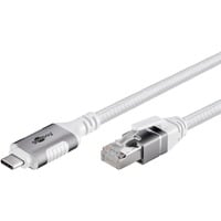 goobay Ethernet-Kabel USB-C 3.2 Gen2 Stecker > RJ-45 Stecker, LAN-Adapter weiß, 1 Meter, geflochtener Textilmantel