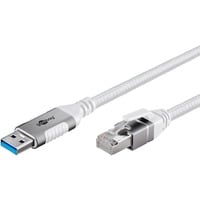 goobay Ethernet-Kabel USB-A 3.2 Gen1 Stecker > RJ-45 Stecker, LAN-Adapter weiß, 10 Meter, geflochtener Textilmantel