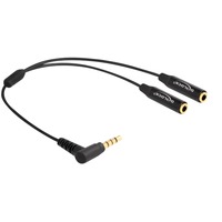DeLOCK Audio Splitter Klinkenstecker 3,5mm > 2x Klinkenbuchse 3,5mm 4 Pin, Y-Kabel schwarz, 25cm, Klinkenstecker abgewinkelt