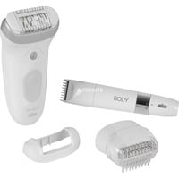Braun Silk-épil 7 7-441, Epiliergerät weiß/silber, inkl. Rasieraufsatz, Trimmeraufsatz, Hautkontaktaufsatz, Mini-Körpertrimmer, Tasche, Reinigungsbürste, Ladekabel