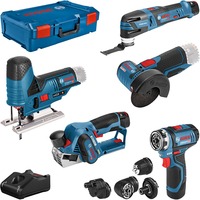 Bosch Professional 5-teiliges 12Volt-Werkzeug-Set, GSR + GOP + GHO + GWS + GST blau, 3x Li-Ionen Akku, XL-BOXX