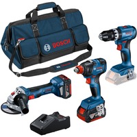 Bosch Profi-Set 18V:  GSB 18V-45 + GDX 18V-200 + GWS 18V-7, Werkzeug-Set blau, 2x Li-Ionen Akku 5,0Ah, Werkzeugtasche