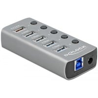 DeLOCK USB 3.2 Gen 1 Hub mit 4 Ports + 1 Schnellladeport, USB-Hub grau, mit Schalter und Beleuchtung