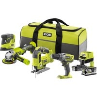 Ryobi ONE+ Akku Combo-Set R18CK4B-252S, 18Volt, Werkzeug-Set grün/schwarz, Li-Ionen Akku 2,0Ah + 5,0Ah, Bohrschrauber + Stichsäge + Winkelschleifer + Polierer, Tasche