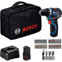 Bosch Professional Akku-Bohrschrauber GSR 12V-32 Professional, 12Volt blau/schwarz, 2x Li-Ionen Akku 2,0Ah, 36-teiliges Zubehör-Set, Werkzeugtasche